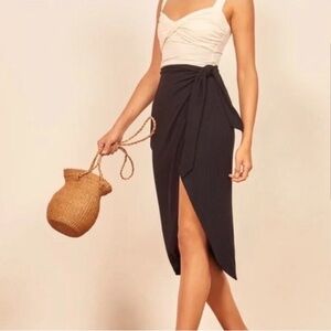Reformation Black Linen Blend Wrap Skirt
